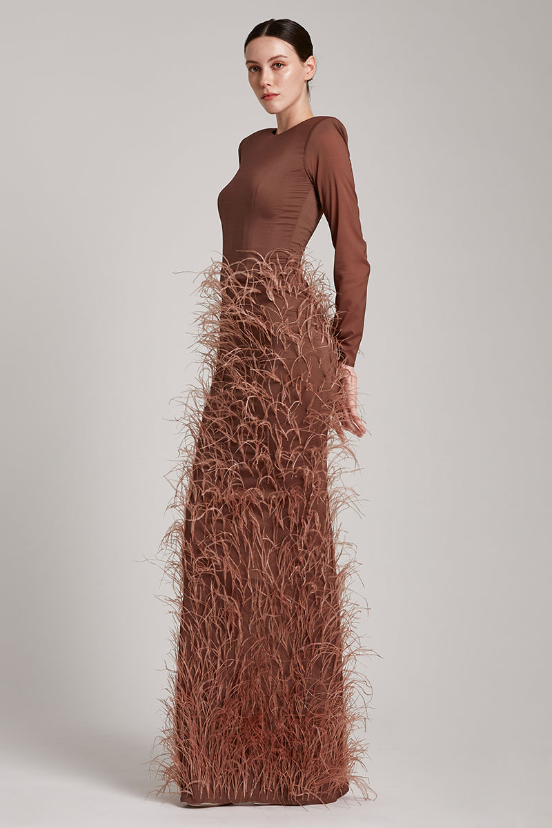 Stretchable Ostrich Feather Embellished Long Sleeve Maxi Dress in Brown