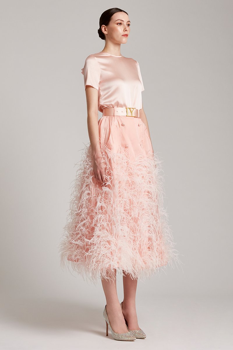 Ostrich Feather Embellished Silk Gazar Skirt in Pink