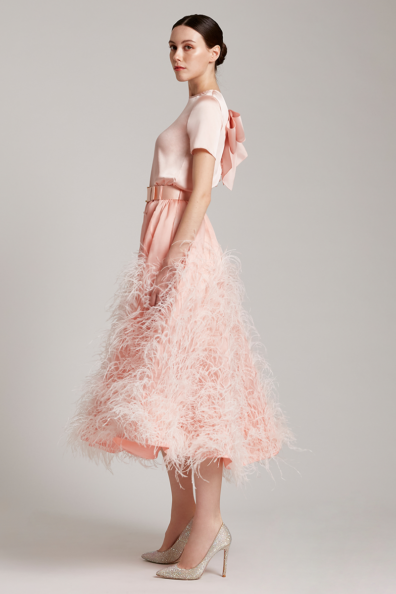 Ostrich Feather Embellished Silk Gazar Skirt in Pink