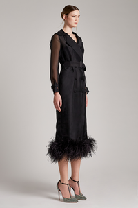 Ostrich Feather Embellished Silk Gazar Slim Midi Trench Dress in Black