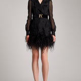 Ostrich Feathers Embellished Silk Gazar Mini Trench Dress in Black