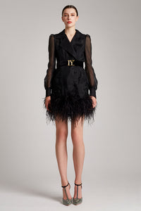 Ostrich Feathers Embellished Silk Gazar Mini Trench Dress in Black