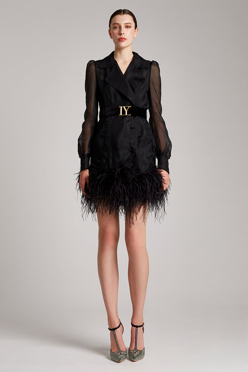 Ostrich Feathers Embellished Silk Gazar Mini Trench Dress in Black