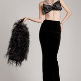 Ariana Big Bow Crystal Tassels Silk Satin Bralette in Black