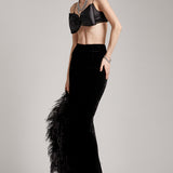 Ariana Big Bow Crystal Tassels Silk Satin Bralette in Black