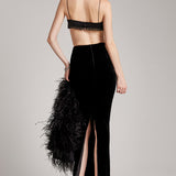 Ariana Big Bow Crystal Tassels Silk Satin Bralette in Black