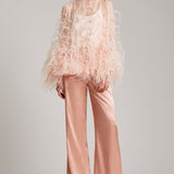 Ostrich Feather Embellished Blouse with Bell Sleeves in Baby Pink