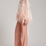 Ostrich Feather Embellished Blouse with Bell Sleeves in Baby Pink