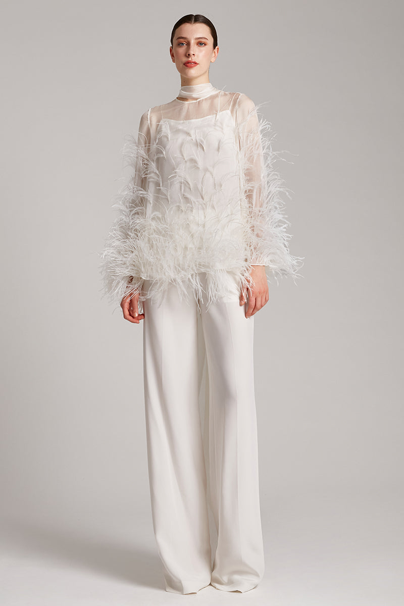 Ostrich Feather Embellished Blouse with Bell Sleeves in White
