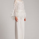 Ostrich Feather Embellished Blouse with Bell Sleeves in White