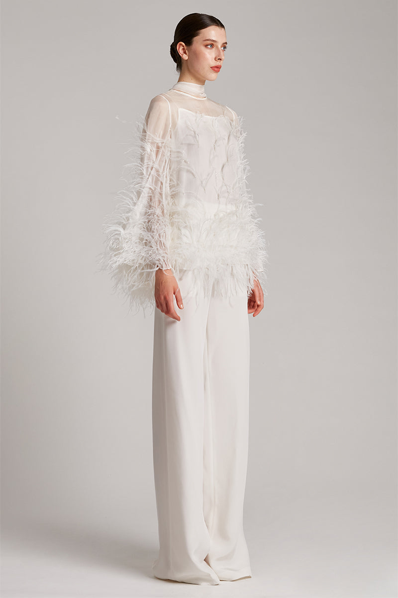 Ostrich Feather Embellished Blouse with Bell Sleeves in White