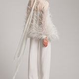 Ostrich Feather Embellished Blouse with Bell Sleeves in White