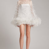 Ostrich Feather Embellished Mini Dress with Bell Sleeves in White
