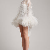 Ostrich Feather Embellished Mini Dress with Bell Sleeves in White