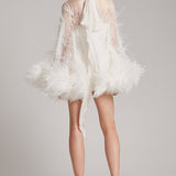 Ostrich Feather Embellished Mini Dress with Bell Sleeves in White