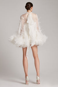 Ostrich Feather Embellished Mini Dress with Bell Sleeves in White