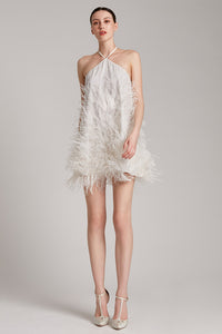 Ostrich Feathers Embellished Halter Mini Dress in White