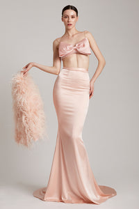 Silk Satin Trumpet Skirt with Train in Blush Pink
