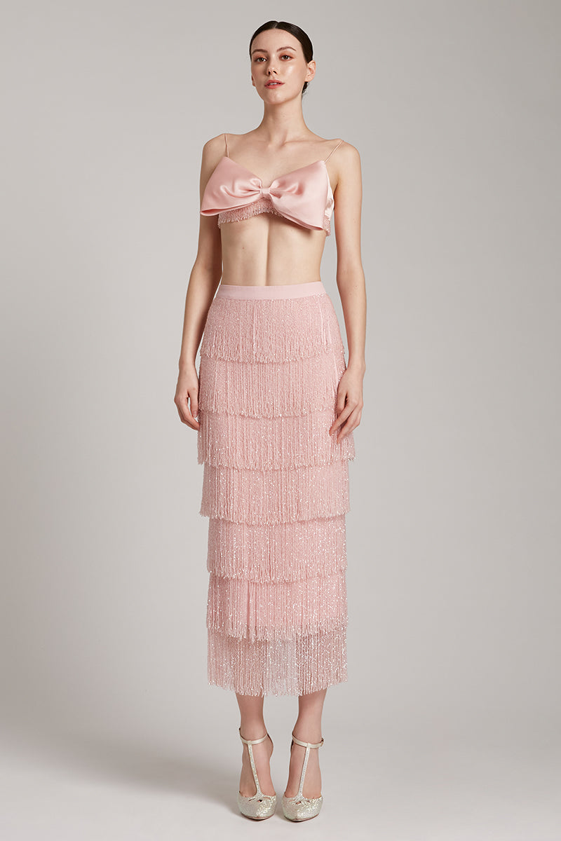 Tiered Crystal Fringe High Waisted Skirt in Blush Pink