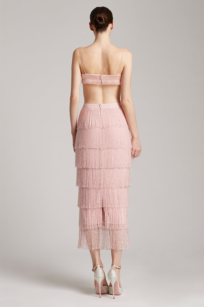 Tiered Crystal Fringe High Waisted Skirt in Blush Pink