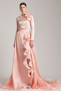 Silk Gazar Ruffles Side Slit Maxi Skirt in Pink