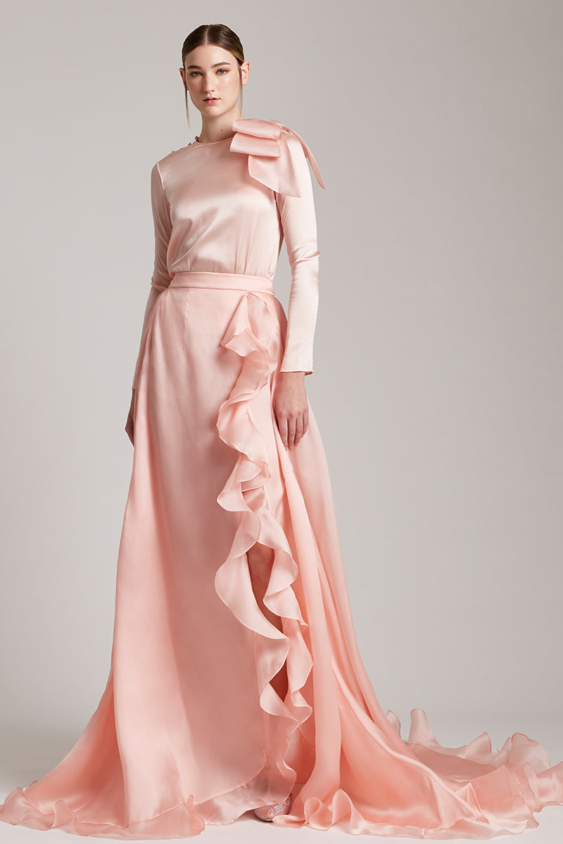 Silk Gazar Ruffles Side Slit Maxi Skirt in Pink