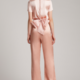 Multiway Silk Satin Short Sleeve Blouse with Bow in Blush Pink