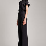 Multiway Silk Satin Short Sleeve Blouse with Bow in Black