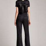 Multiway Silk Satin Short Sleeve Blouse with Bow in Black