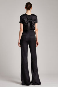 Multiway Silk Satin Short Sleeve Blouse with Bow in Black