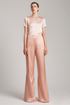 Silk Satin Wide Leg High Waisted Trousers in Rose Gold