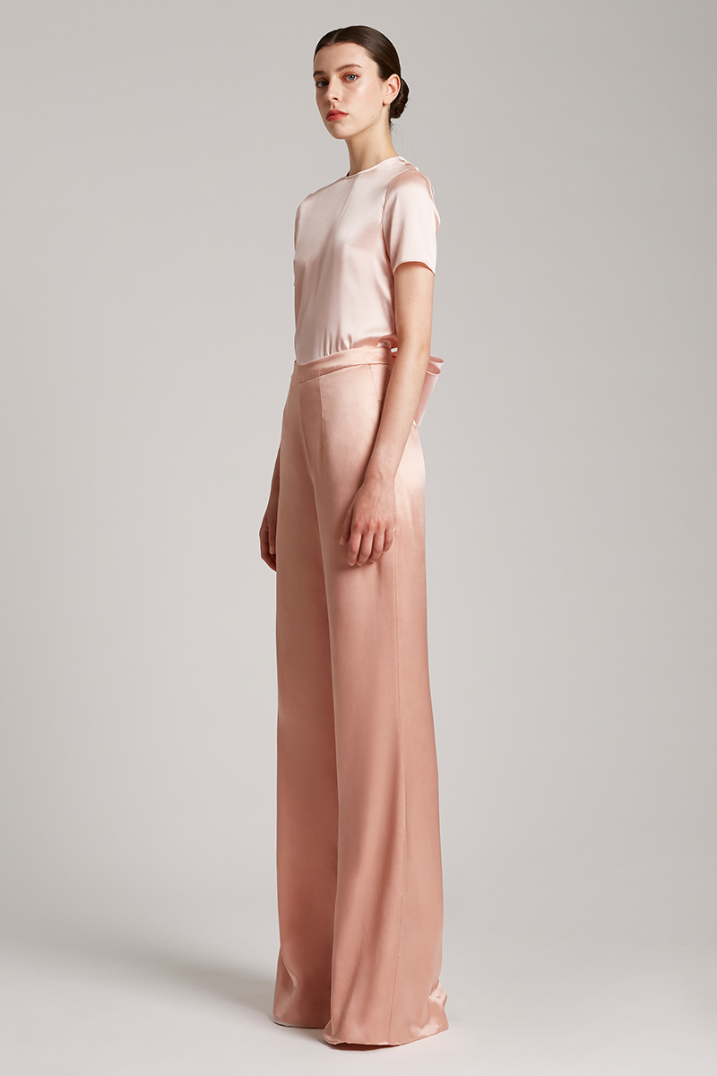 Silk Satin Wide Leg High Waisted Trousers in Rose Gold