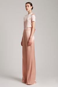 Silk Satin Wide Leg High Waisted Trousers in Rose Gold