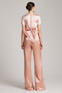 Silk Satin Wide Leg High Waisted Trousers in Rose Gold