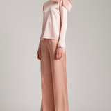 Silk Satin Button and Bow Embellished Blouse with Long Sleeves in Blush Pink