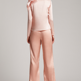 Silk Satin Button and Bow Embellished Blouse with Long Sleeves in Blush Pink