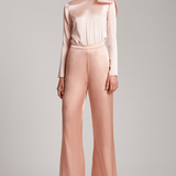Silk Satin Button and Bow Embellished Blouse with Long Sleeves in Blush Pink