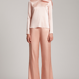 Silk Satin Button and Bow Embellished Blouse with Long Sleeves in Blush Pink