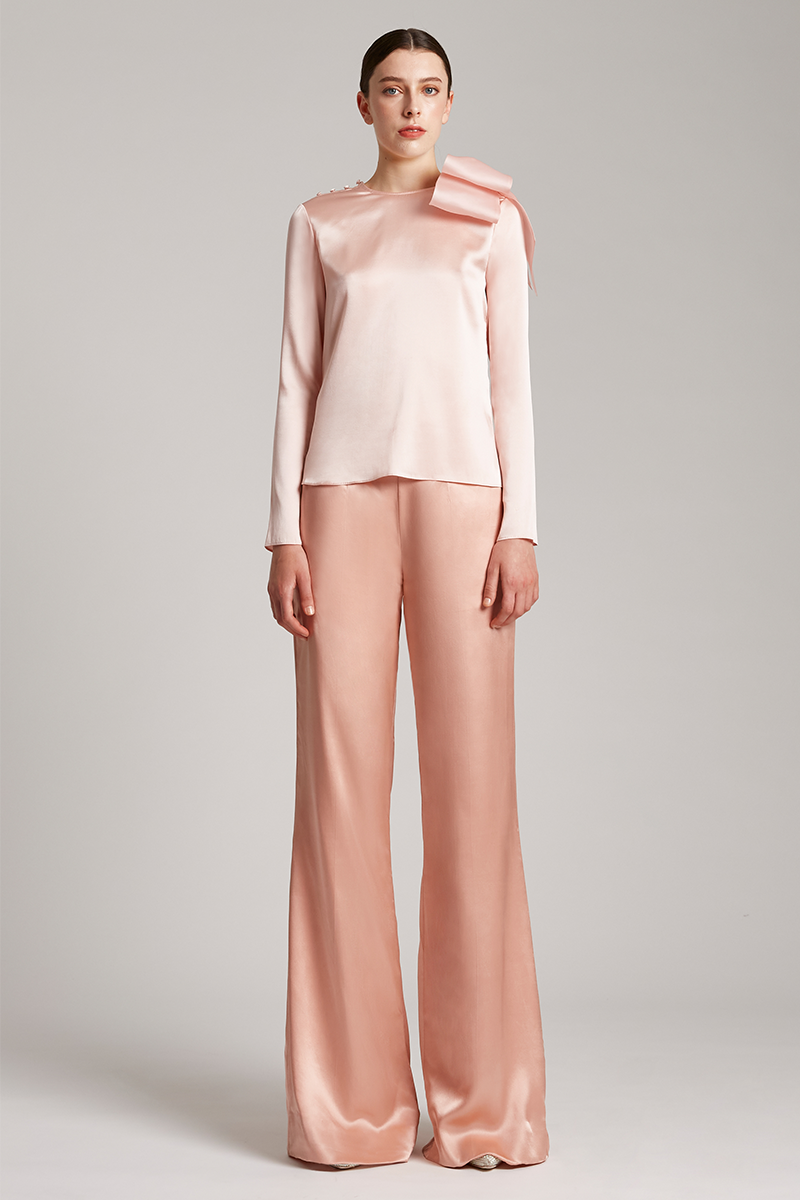 Silk Satin Long Sleeves Blouse with Bow in Blush Pink