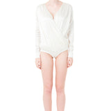 Silk Satin Low Waist Plunging Neckline Bodysuit in White