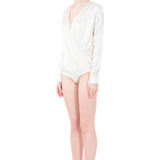Silk Satin Low Waist Plunging Neckline Bodysuit in White