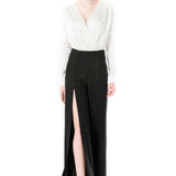 Silk Satin Low Waist Plunging Neckline Bodysuit in White