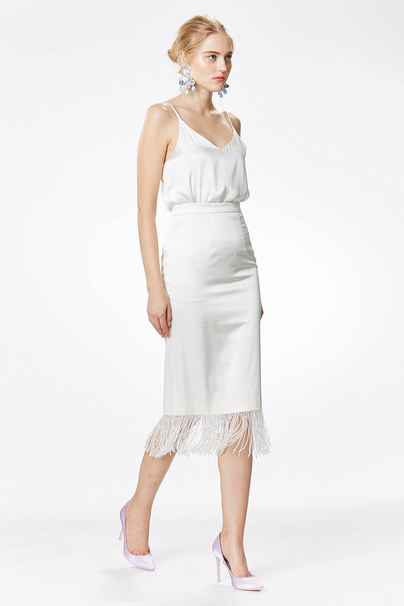 Crystal Tassels Silk Satin Pencil Skirt in White