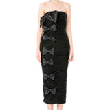 Silk Gazar Ribbon Embellished Draped Tulle Strapless Dress in Black