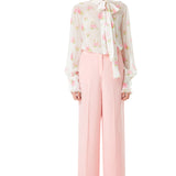 Rose Print Silk Chiffon Pussy Bow Blouse