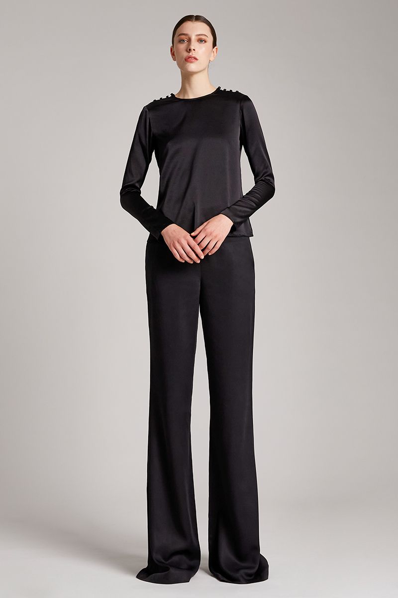 Silk Satin Button and Bow Embellished Blouse with Long Sleeves in Black