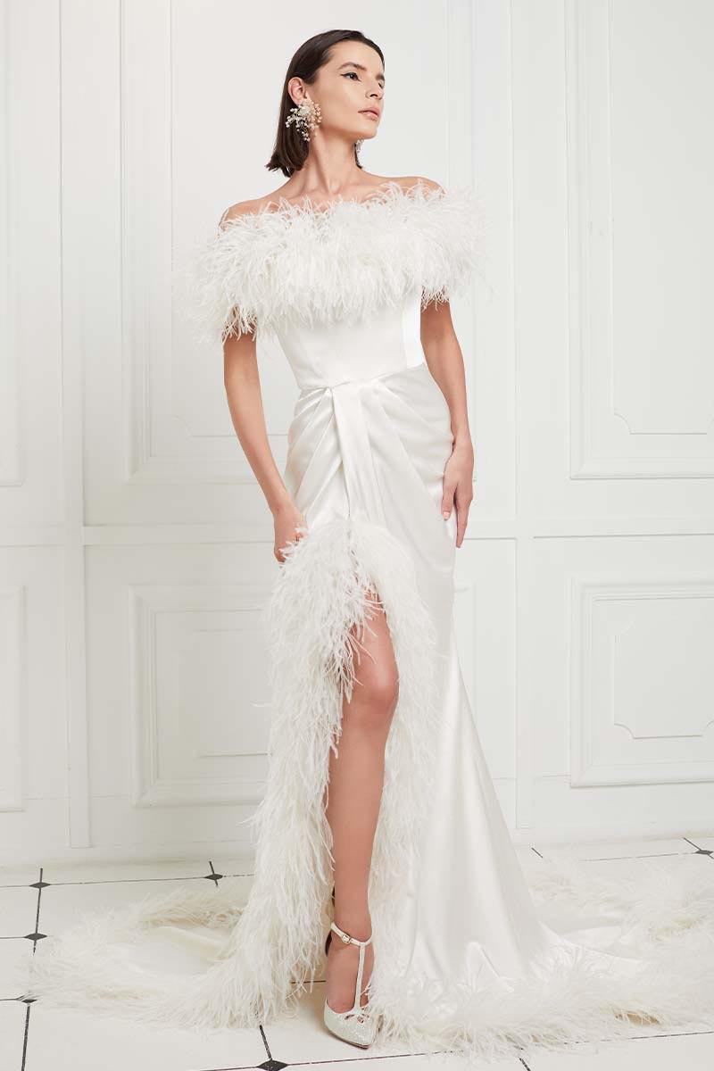 Ostrich Feather Trimmed Off Shoulder Silk Satin Gown in White