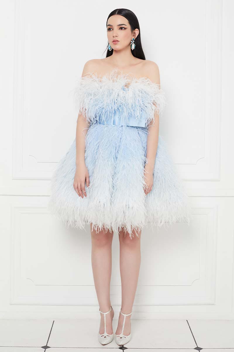 Ostrich Feather Embellished Flared Mini Dress in Baby Blue Ombre