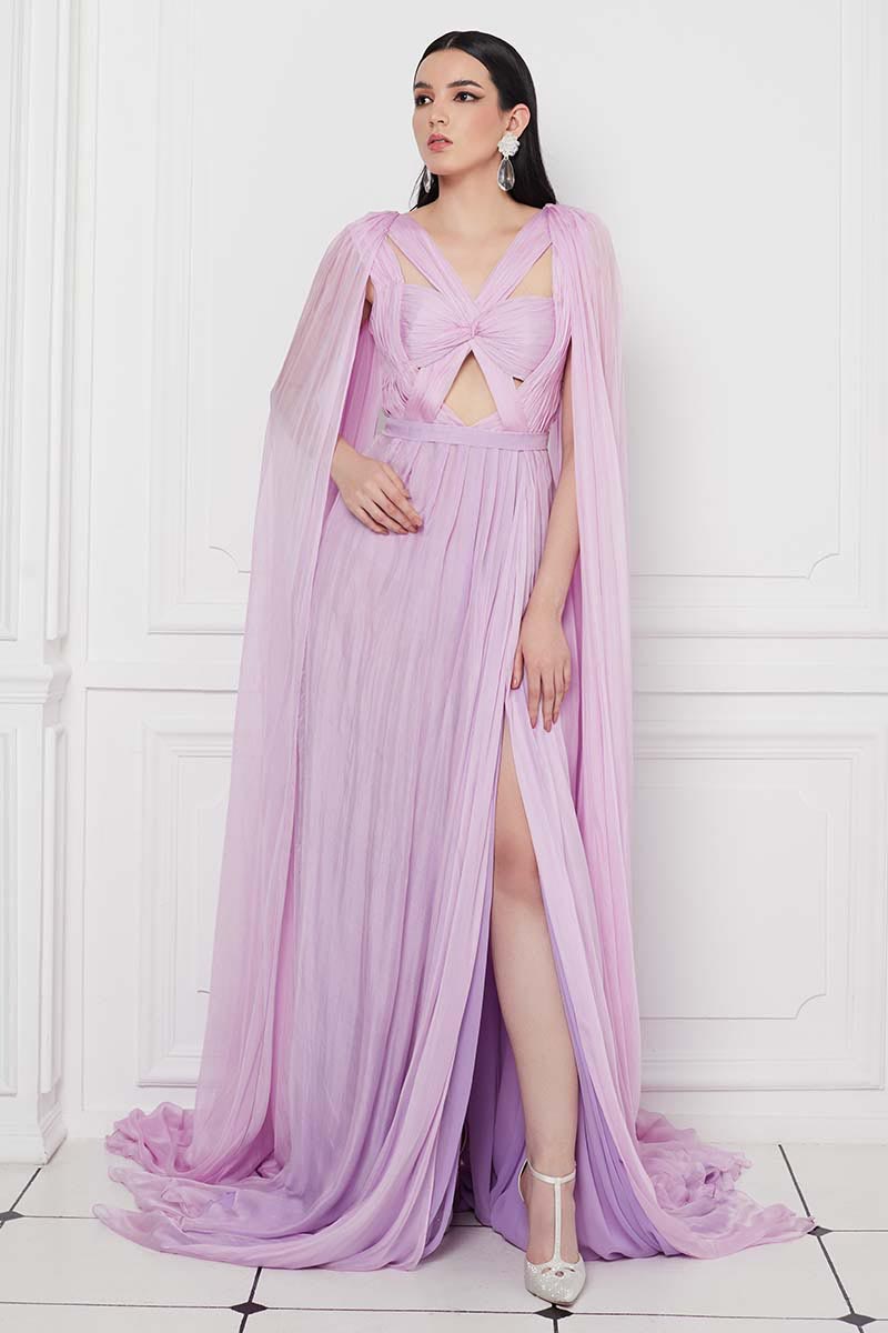 Cape Effect Silk Chiffon Gown with Wrapped Bodice and Side Slit in Lilac