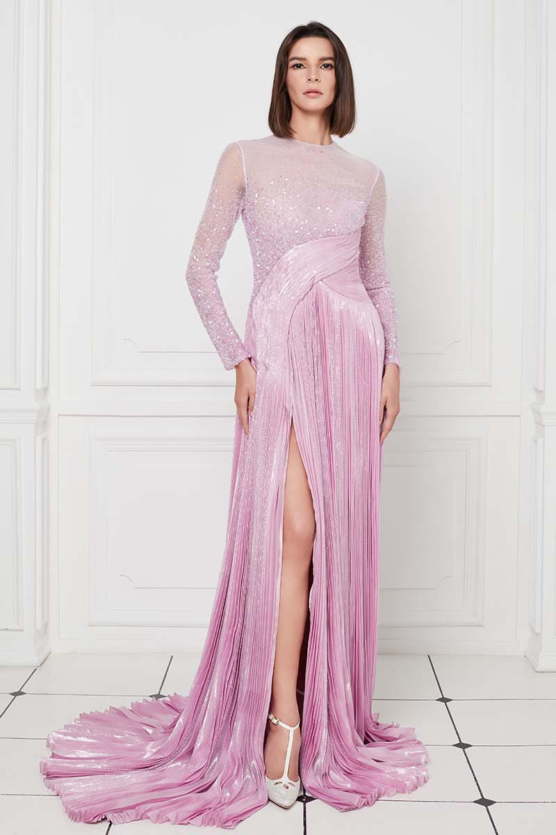Crystal Embellished Mesh Bodice Gown with Pleated Skirt in Lilac